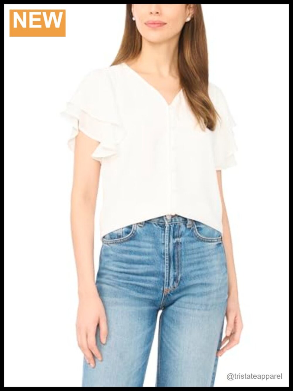 CeCe Women's Double Flutter Sleeve Peasant Top V-Neck Button Front Polyester